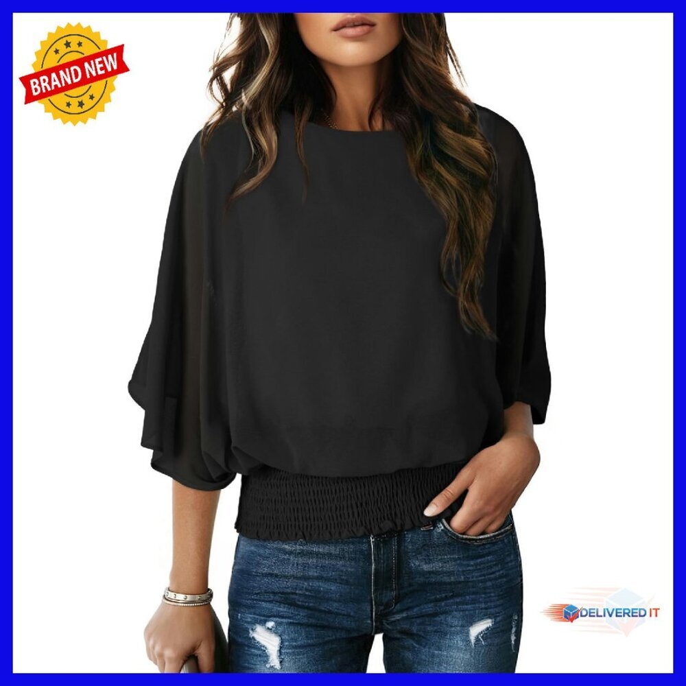 Chiffon Blouse Boat Neck 3/4 Sleeve Flowy Batwing Top